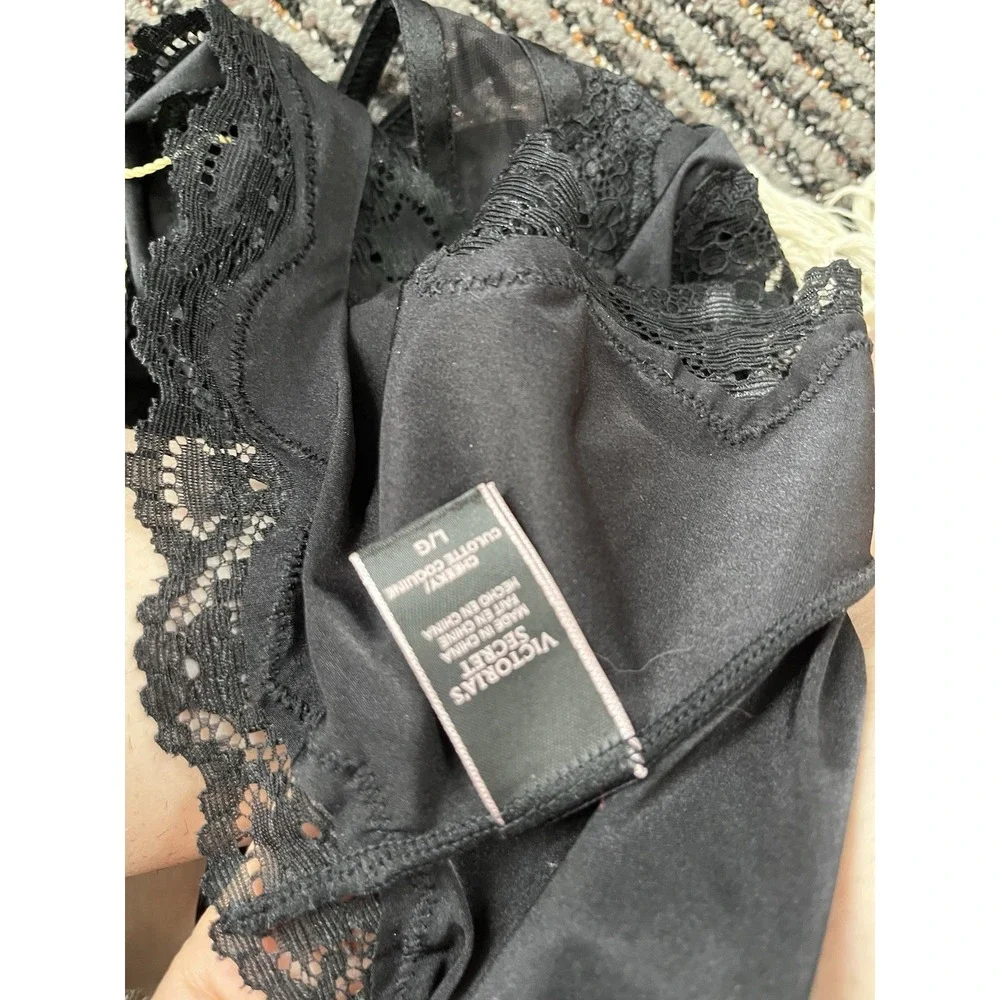 Victoria's Secret Black Satin Lace Strappy Mesh Cheeky Panty Large L/G 49Y